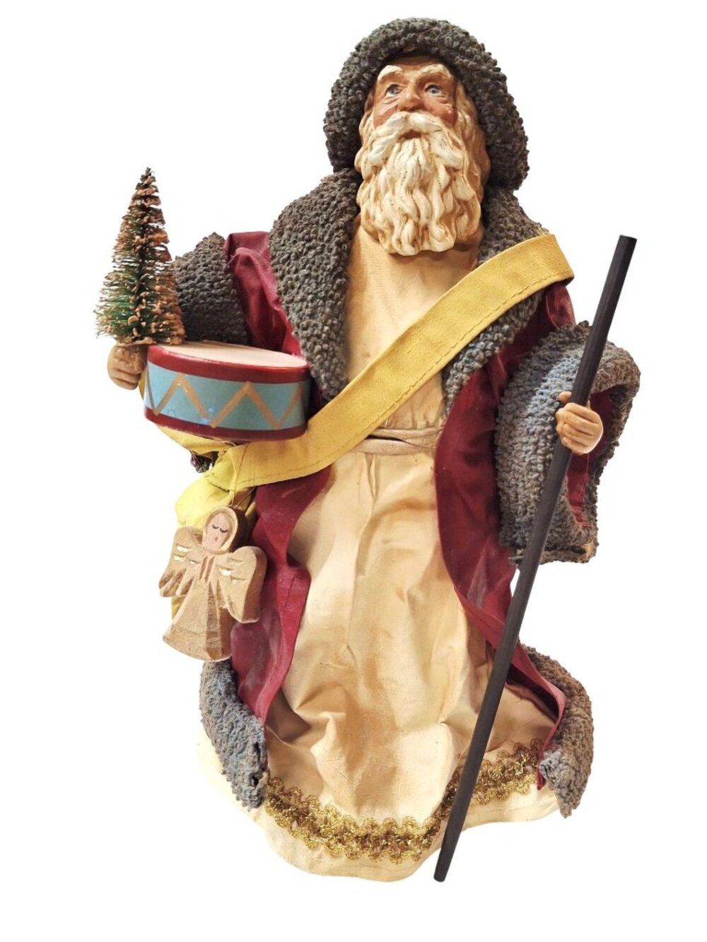 Santa Claus Figurine With Drum & Tree Fabric & Resin Holiday Christmas Decor 12"